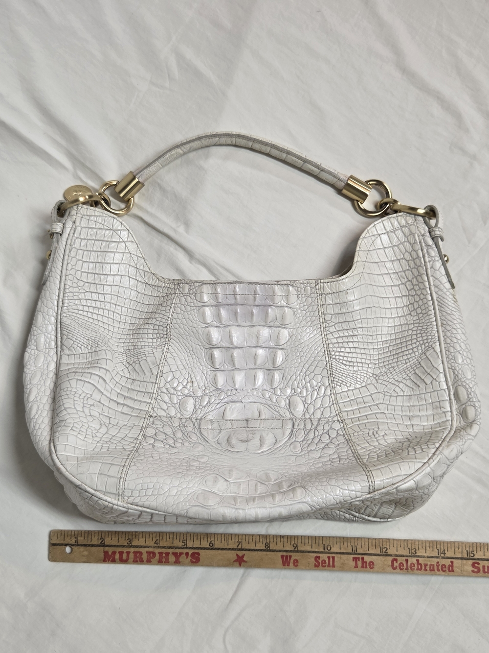Brahma White Croc-Embossed Shoulder Bag with Gold Hardware